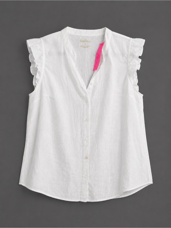 Lilly Pulitzer Tops - Lilly Pulitzer White Linen Ruffle-Sleeve Button Front Top